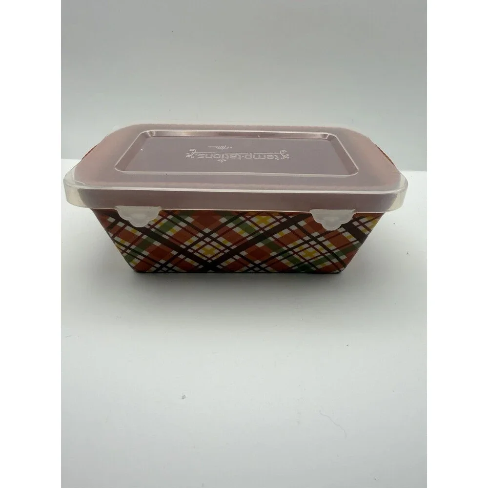 Temp-Tations By Tara 12 Ounce Mini Loaf Dish Red/White/Blue Plaid With Lid